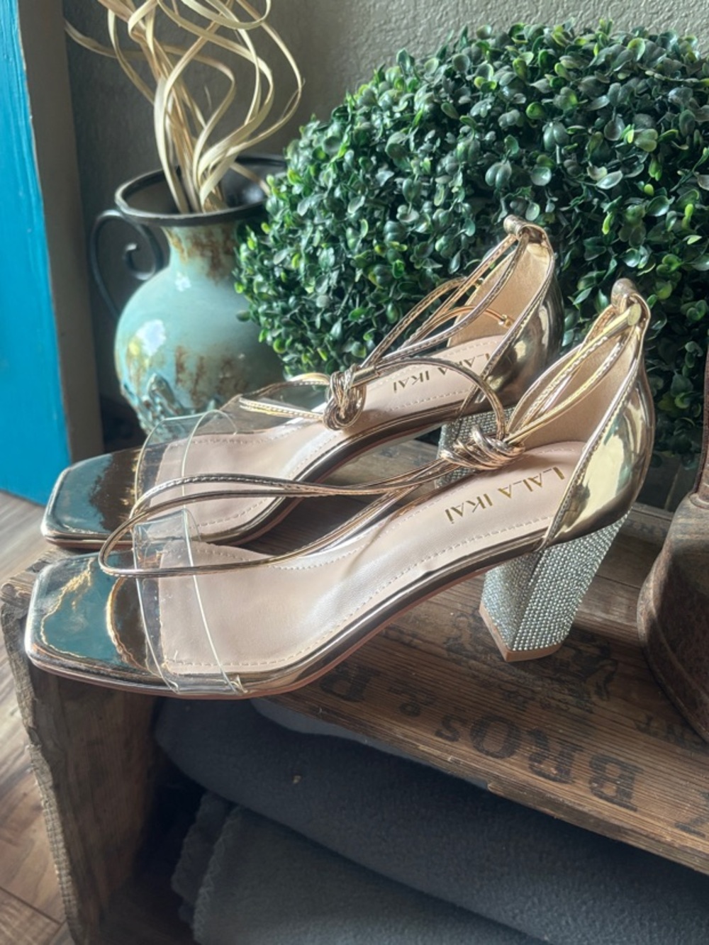 Lala Iki Rose Gold Rhinestone Block Heel Sandals with Clear Strap